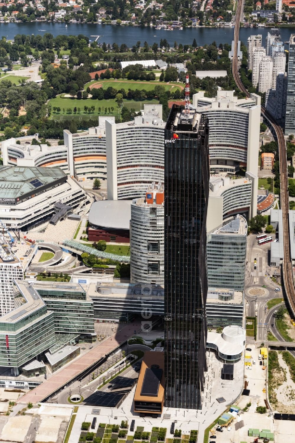 Aerial image Wien - High-rise ensemble of with dem DC Tower von dem Architekten Dominique Perrault in 1996 neu errichteten Stadtteil Donaustadt in Vienna in Austria