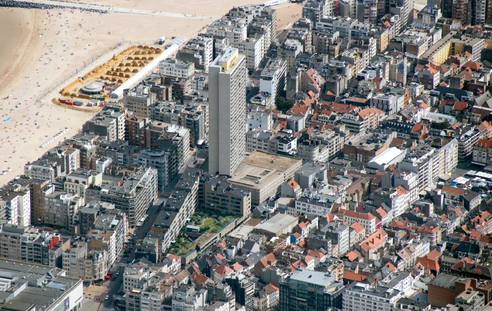 Ostende from above - The Europacentrum (Residentie Europacentrum) in the urban area of Ostend in West Flan ders in Belgium. This residential tower is located in Stene, a suburban of Ostend