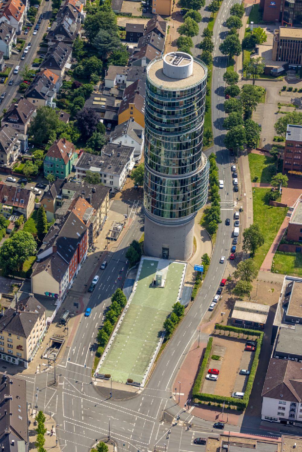 Bochum from above - Skyscraper Exenterhouse - Exenterhaus on a former bunker at the University Street in Bochum, North Rhine-Westphalia, Germany
