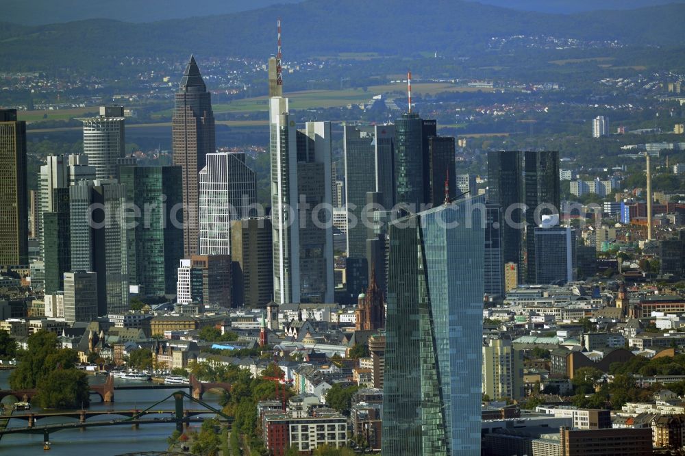 Frankfurt am Main from above - High-rise skyscraper building and bank administration of the financial services company EZB Europaeische Zentralbank in Frankfurt in the state Hesse, Germany