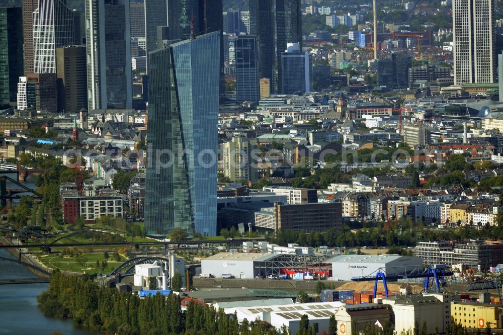 Frankfurt am Main from above - High-rise skyscraper building and bank administration of the financial services company EZB Europaeische Zentralbank in Frankfurt in the state Hesse, Germany