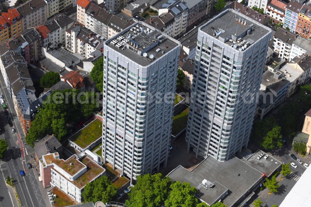 Aerial photograph Mainz - Office and corporate management high-rise building Bonifazius-Tuerme on Bonifaziusstrasse in the district Neustadt in Mainz in the state Rhineland-Palatinate, Germany