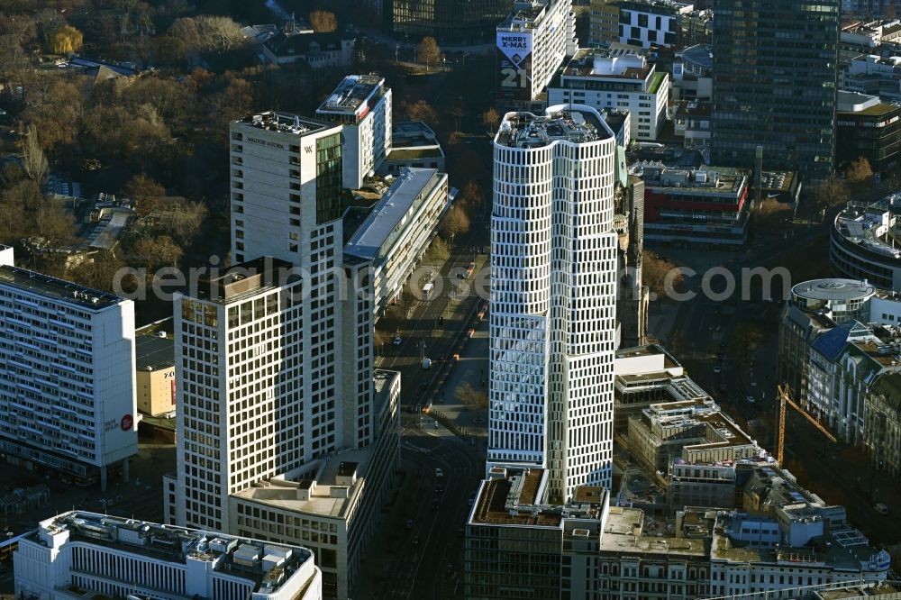 Berlin from the bird's eye view: High-rise building of the hotel complex Hotel Motel One Berlin-Upper West on Kantstrasse in Berlin, Germany