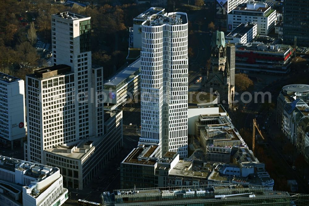 Aerial image Berlin - High-rise building of the hotel complex Hotel Motel One Berlin-Upper West on Kantstrasse in Berlin, Germany