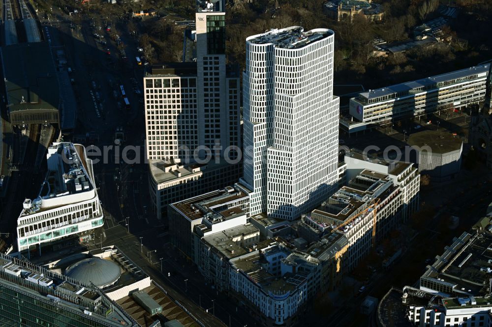Berlin from the bird's eye view: High-rise building of the hotel complex Hotel Motel One Berlin-Upper West on Kantstrasse in the district Charlottenburg in Berlin, Germany