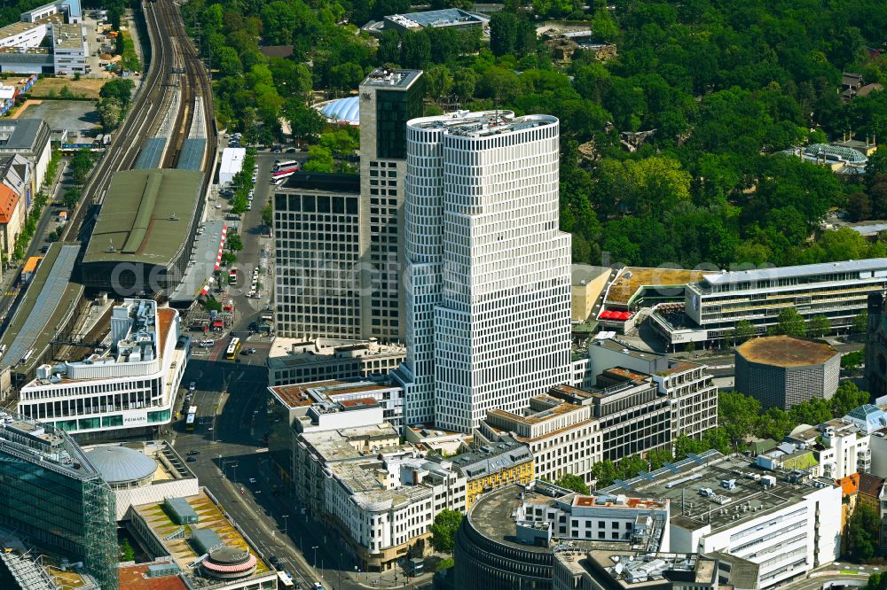 Berlin from above - High-rise building of the hotel complex Hotel Motel One Berlin-Upper West on street Kantstrasse in the district Charlottenburg in Berlin, Germany