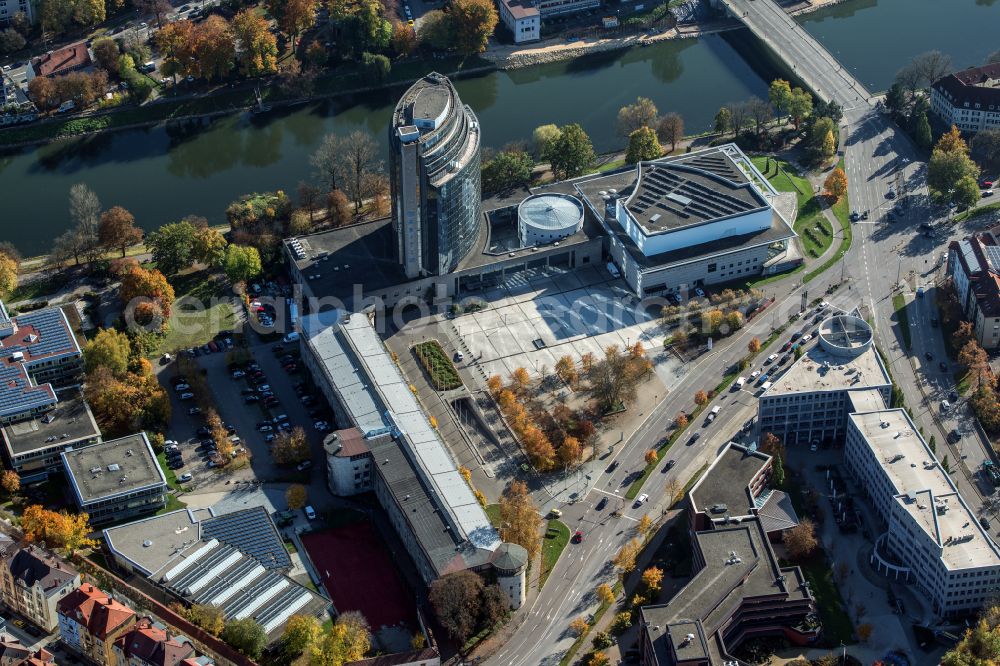 Aerial image Ulm - High-rise building of the hotel complex of Maritim Hotel Ulm at the bridge crossing the Danube on street Basteistrasse in Ulm in the state Baden-Wurttemberg, Germany
