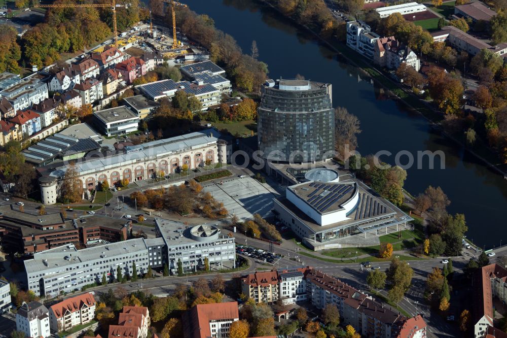 Ulm from above - High-rise building of the hotel complex of Maritim Hotel Ulm at the bridge crossing the Danube on street Basteistrasse in Ulm in the state Baden-Wurttemberg, Germany
