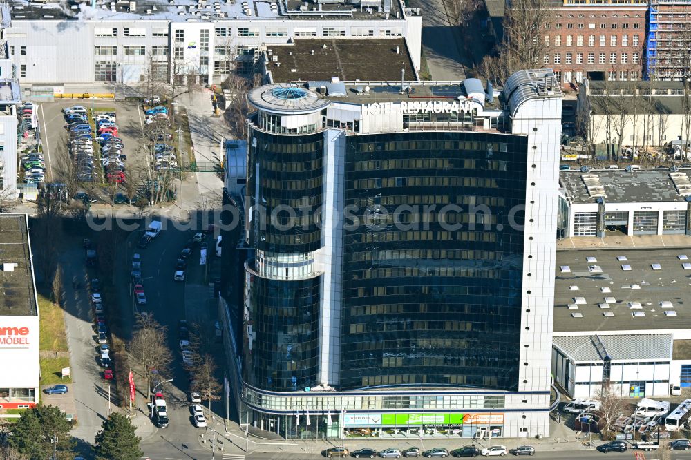 Berlin from above - High-rise building of the hotel complex Select Hotel Berlin Spiegelturm on Freiheit in the district Spandau in Berlin, Germany