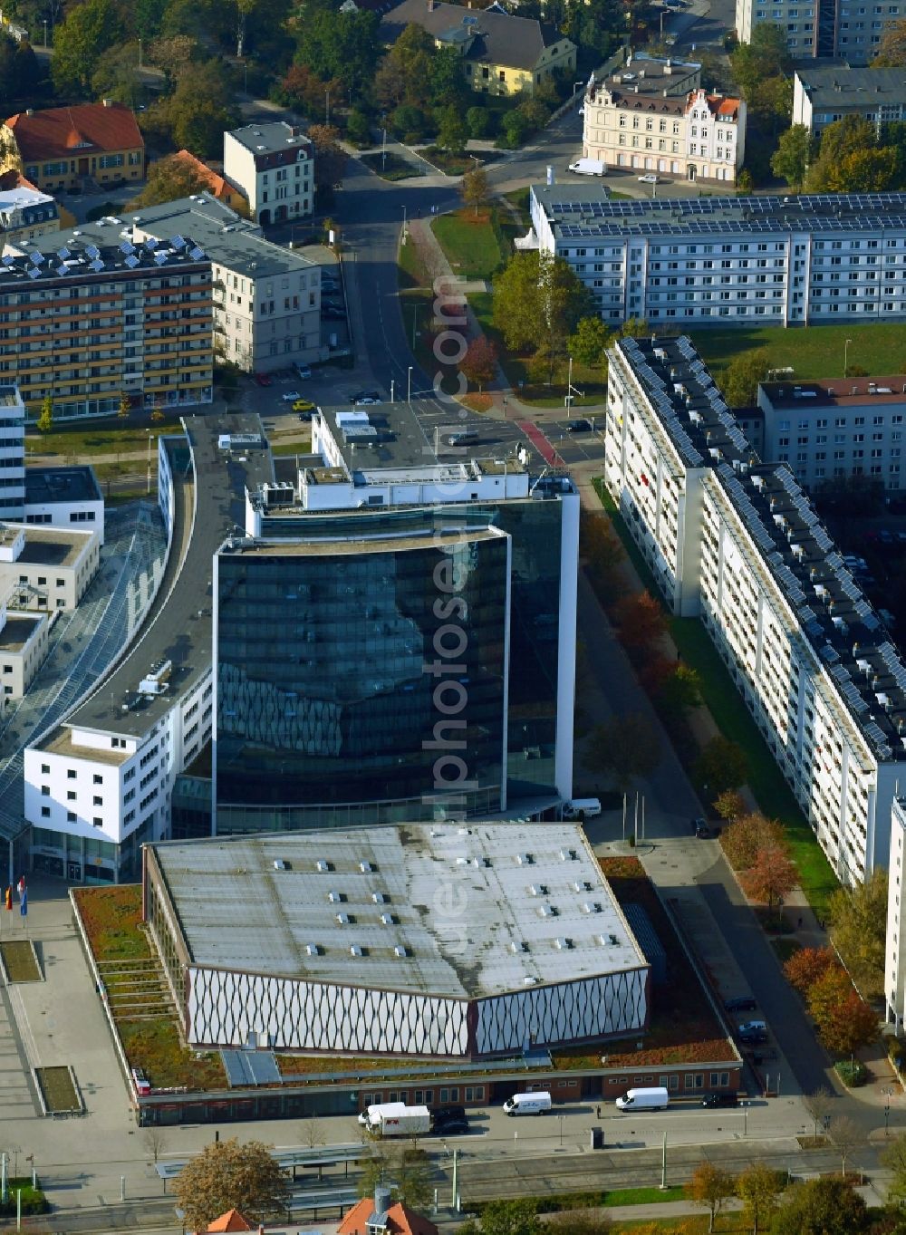 Cottbus from above - High-rise building of the hotel complex Lindner Congress Hotel and Stadthalle in Cottbus in the state Brandenburg