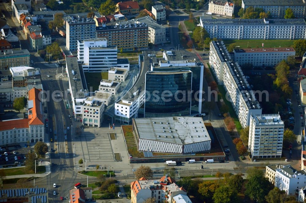Cottbus from the bird's eye view: High-rise building of the hotel complex Lindner Congress Hotel and Stadthalle in Cottbus in the state Brandenburg