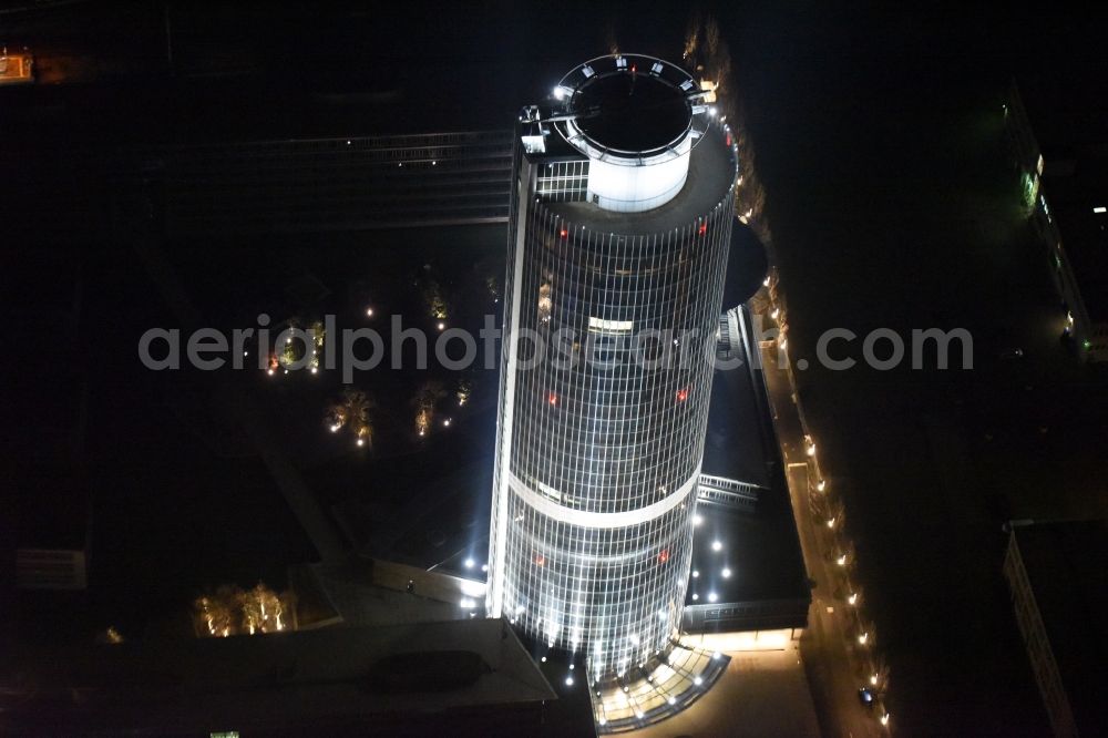 Nürnberg from the bird's eye view: Night view of High-rise buildings Nuernberger Versicherungsgruppe on Ostendstrasse in Nuremberg in the state Bavaria