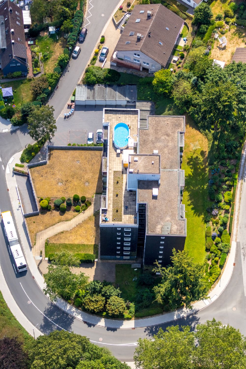 Ennepetal from above - High-rise building with a rooftop pool in the residential area on Sonnenweg in Ennepetal in the state North Rhine-Westphalia, Germany