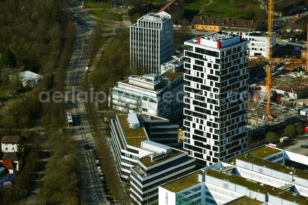 Aerial image Stuttgart - High-rise building Skyline in the residential area on Stresemannstrasse - Siemensstrasse in the district Bahnhof Feuerbach in Stuttgart in the state Baden-Wurttemberg, Germany