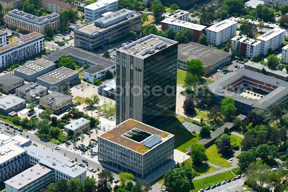 Darmstadt-West from above - High-rise building of the university - Hochschule on street Am Waldeck - Schoefferstrasse - Haardtring in Darmstadt in the state Hesse, Germany