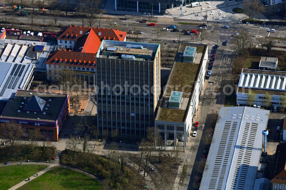 Karlsruhe from the bird's eye view: High-rise building of the university KIT Library on the street at the Forum in Karlsruhe in the state Baden-Wuerttemberg, Germany