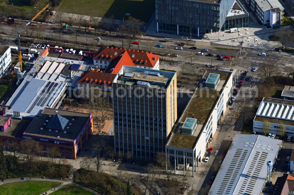Aerial image Karlsruhe - High-rise building of the university KIT Library on the street at the Forum in Karlsruhe in the state Baden-Wuerttemberg, Germany