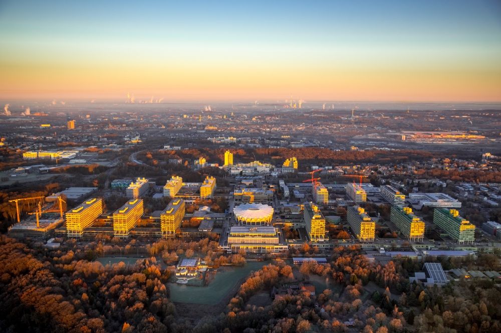 Aerial image Bochum - In Sunrise building of the university RUB Ruhr-Universitaet in the district Bochum Sued in Bochum in the state North Rhine-Westphalia