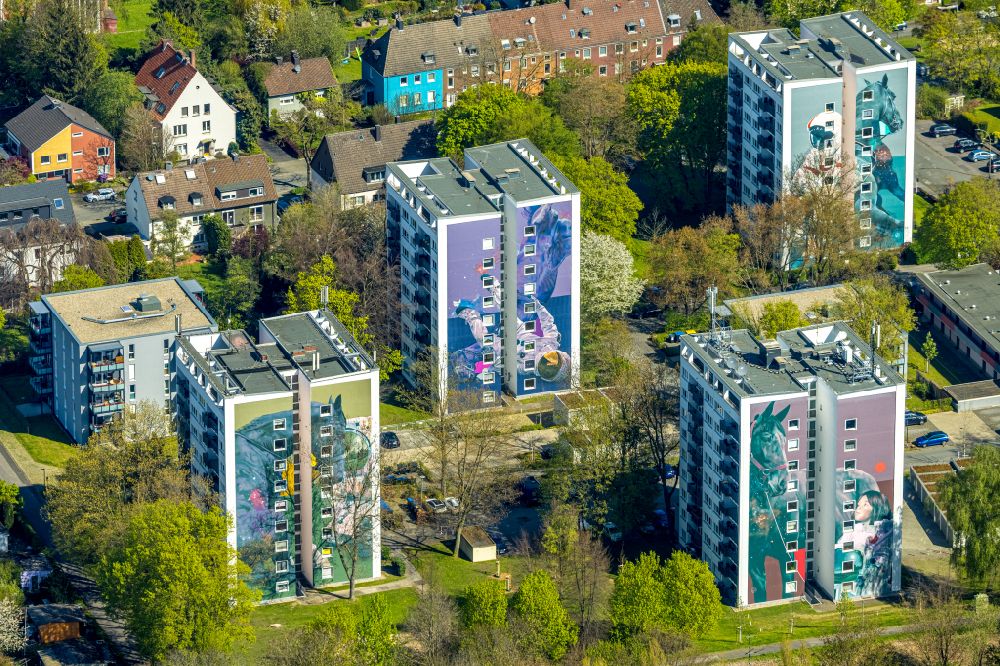 Dortmund from above - High-rise building in the residential area with colorful horse motifs as facade cladding on street Espenstrasse in Dortmund at Ruhrgebiet in the state North Rhine-Westphalia, Germany