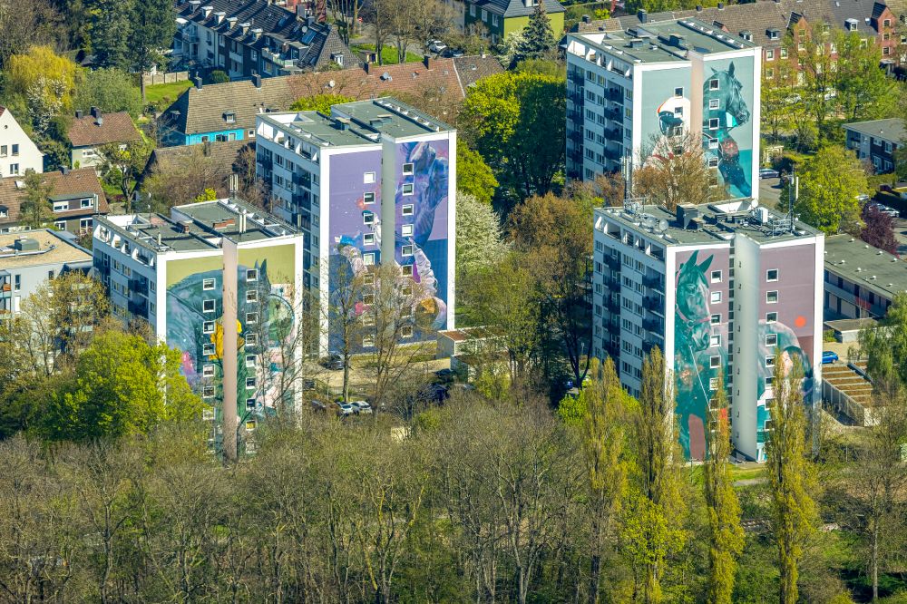 Aerial image Dortmund - High-rise building in the residential area with colorful horse motifs as facade cladding on street Espenstrasse in Dortmund at Ruhrgebiet in the state North Rhine-Westphalia, Germany