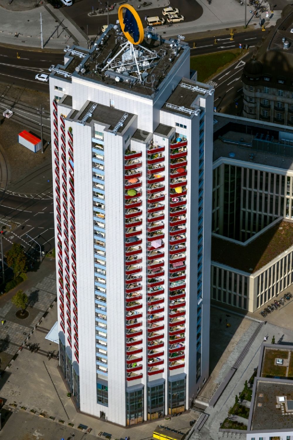 Leipzig from above - High-rise building in the residential area on Wintergartenstrasse in Leipzig in the state Saxony, Germany