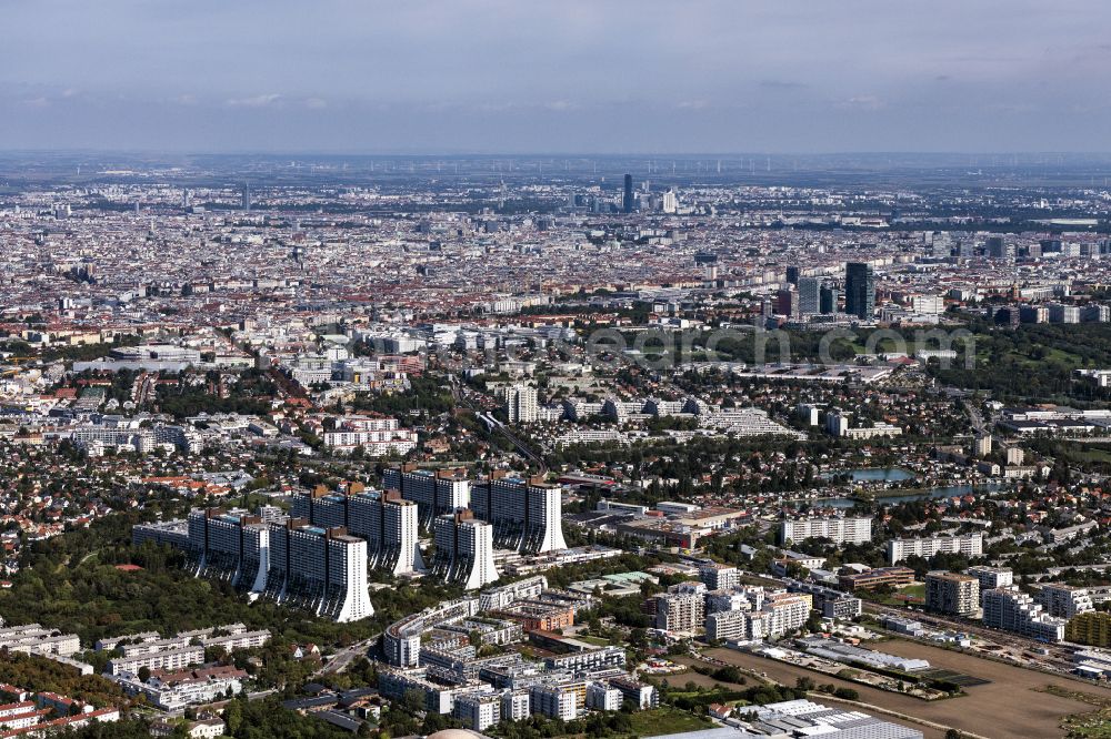 Wien from the bird's eye view: High-rise building in the residential area Wohn- and Kaufpark Alterlaa in Vienna in Austria