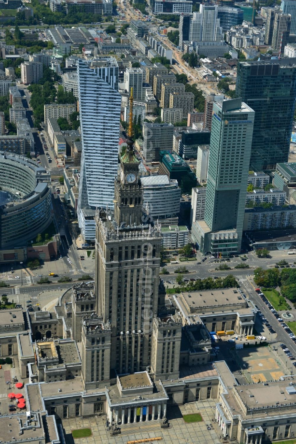 Warschau from the bird's eye view: View on the landmark in the city center, the high-rise building complex of the Palace of Culture and Science (Palac Kultury i Nauki Polish) in Warsaw in Poland