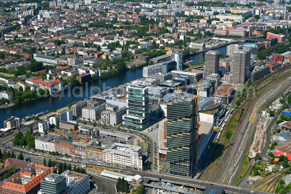 Berlin from above - High-rise building complex EDGE East Side - Amazon Tower on Tamara-Danz-Strasse - Warschauer Bruecke - Helene-Ernst-Strasse in the Friedrichshain district in Berlin, Germany