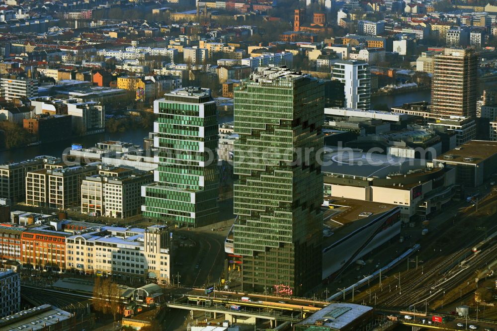 Berlin from above - High-rise building complex EDGE East Side - Amazon Tower on Tamara-Danz-Strasse - Warschauer Bruecke - Helene-Ernst-Strasse in the Friedrichshain district in Berlin, Germany
