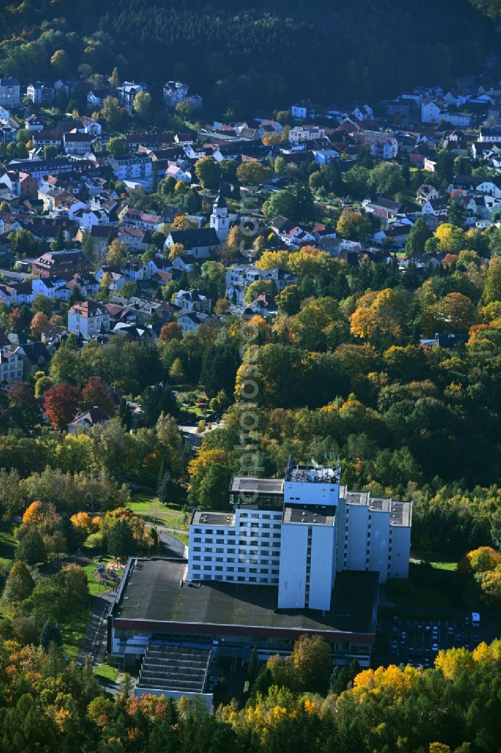 Friedrichroda from above - High-rise building of the hotel complex Ahorn Berghotel in Friedrichroda in the Thuringian Forest in the state Thuringia, Germany