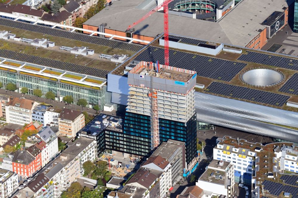 Aerial photograph Basel - High-rise construction site for a new residential and commercial building Claraturm in the district Clara in Basel, Switzerland