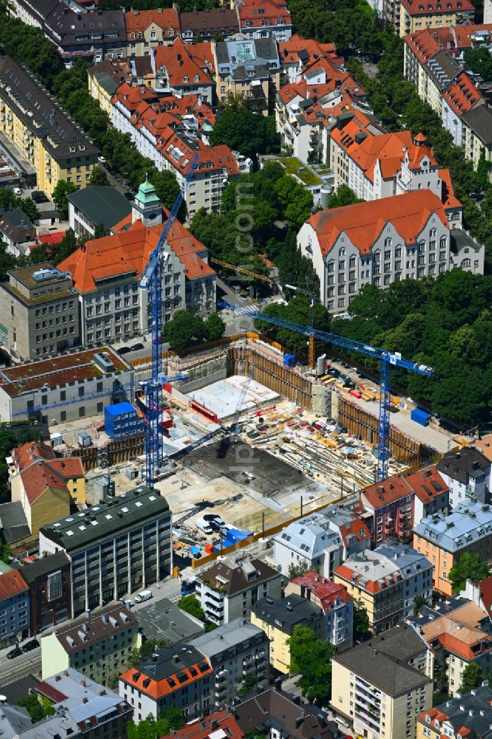 München from above - High-rise construction site for a new residential and commercial building on Elisabethplatz - Nordenstrasse - Arcisstrasse in the district Schwabing-West in Munich in the state Bavaria, Germany