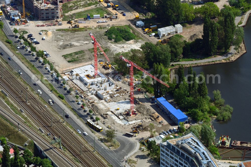 Berlin from above - High-rise construction site for a new residential and commercial building An of Mole on street Kynaststrasse in the district Rummelsburg in Berlin, Germany