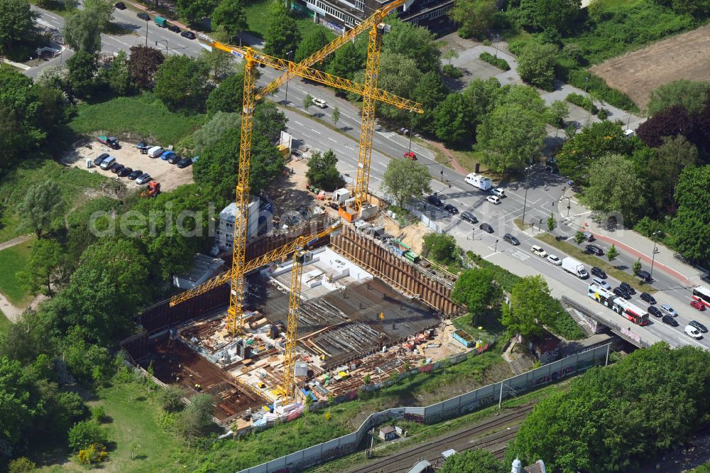 Aerial image Hamburg - High-rise construction site for a new residential and commercial building PERGION on street Hebebrandstrasse in the district Winterhude in Hamburg, Germany