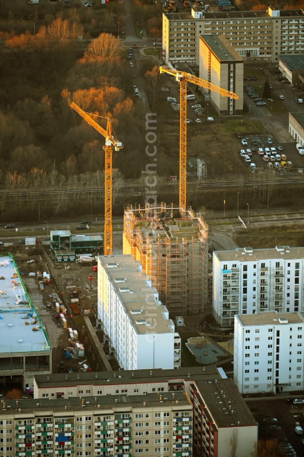 Berlin from above - High-rise construction site for a new residential and commercial building Wuhletaler Fenster on street Maerkischen Allee in the district Marzahn in Berlin, Germany