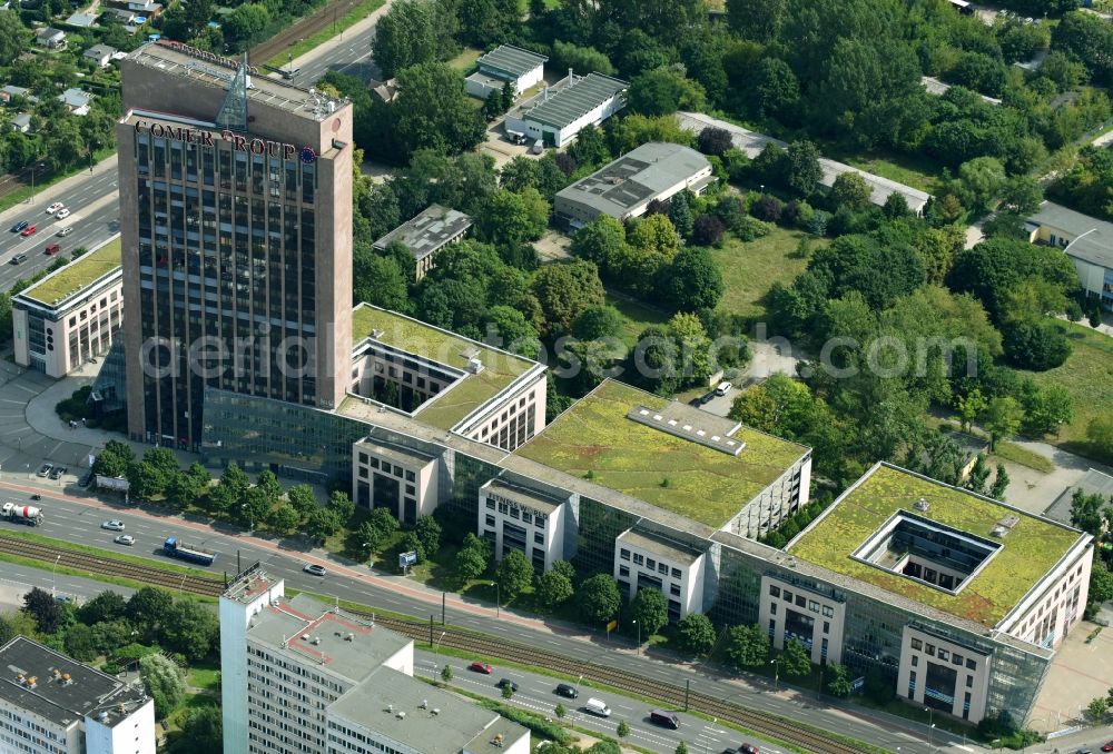 Aerial photograph Berlin - High-rise building Pyramide with the lettering of the british real estate company Comer Group