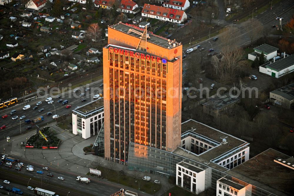 Berlin from the bird's eye view: High-rise building Pyramide with the lettering of the british real estate company Comer Group