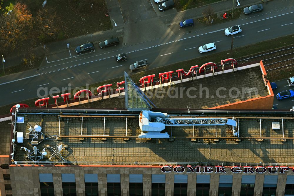 Berlin from above - High-rise building Pyramide with the lettering of the british real estate company Comer Group