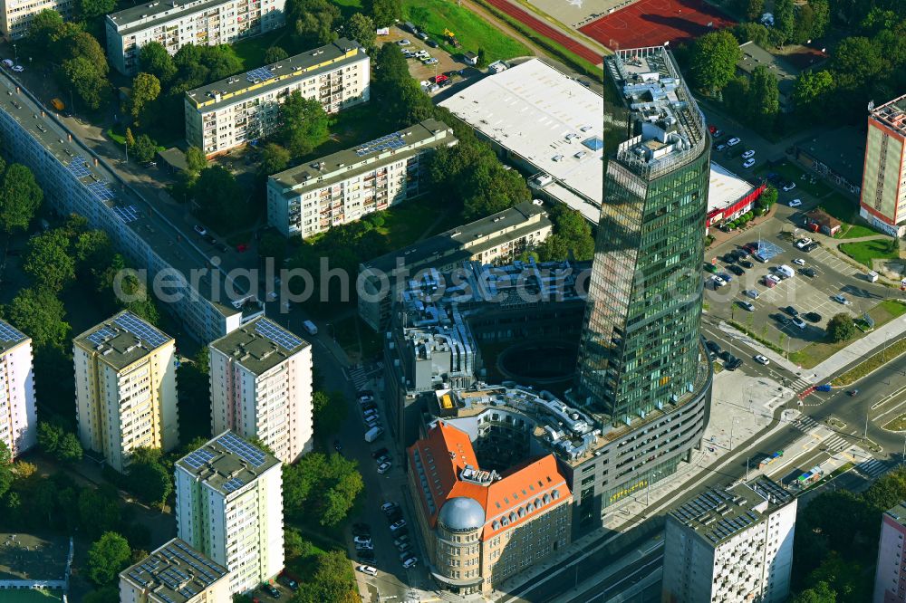 Aerial photograph Szczecin - Stettin - Office buildings and commercial high-rise complex Hanza Tower in Szczecin in West Pomeranian, Poland
