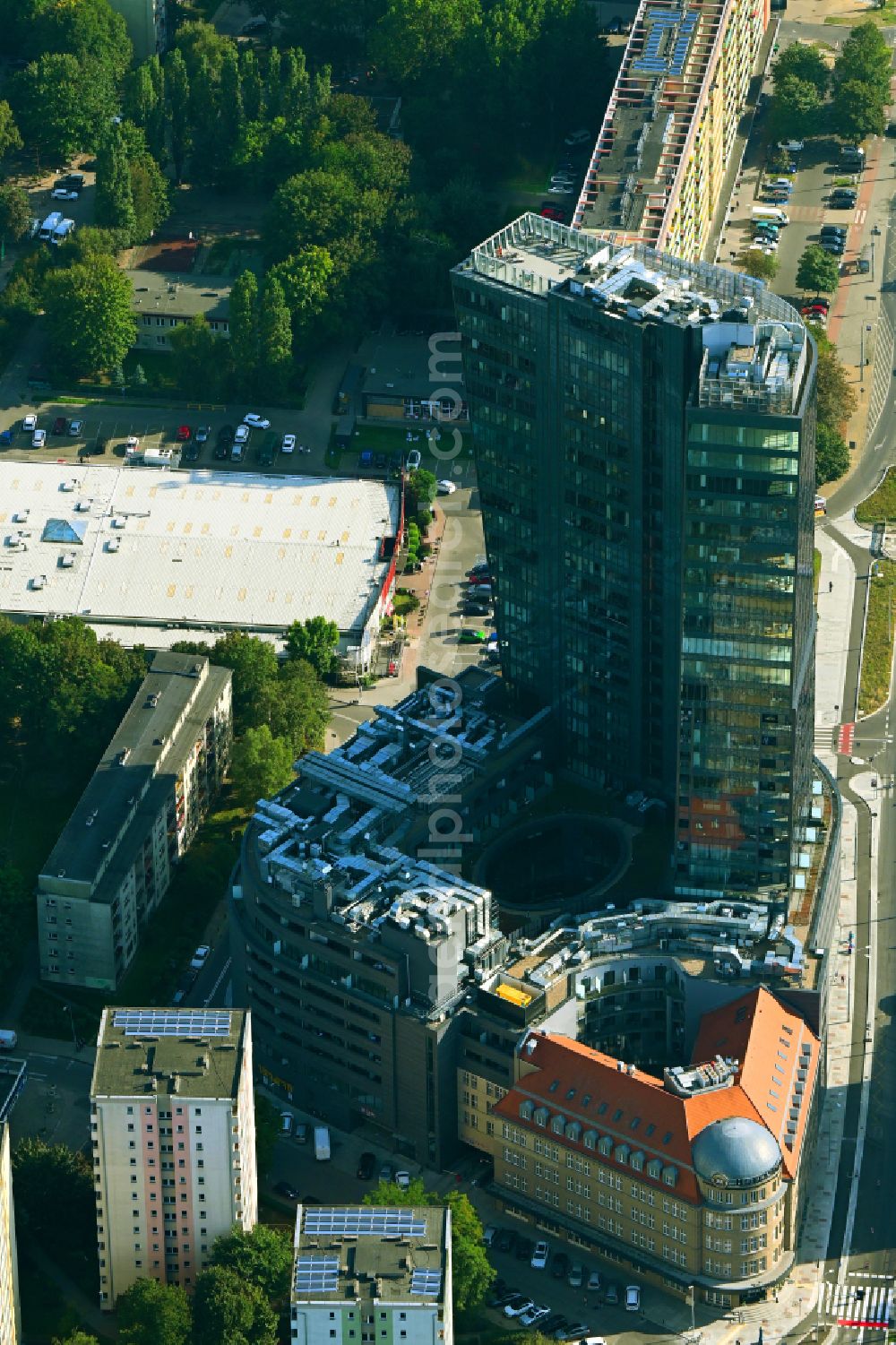 Aerial image Szczecin - Stettin - Office buildings and commercial high-rise complex Hanza Tower in Szczecin in West Pomeranian, Poland