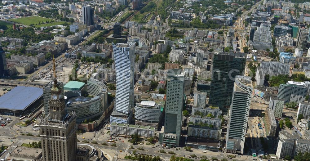 Aerial photograph Warschau - High-rise building Zlota 44 in the city center of the skyline of Warsaw in Poland. The skyscraper was designed by Daniel Libeskind by ORCO PROPERTY GROUP, and serves as a residential and commercial construction with apartments in the center of the capital