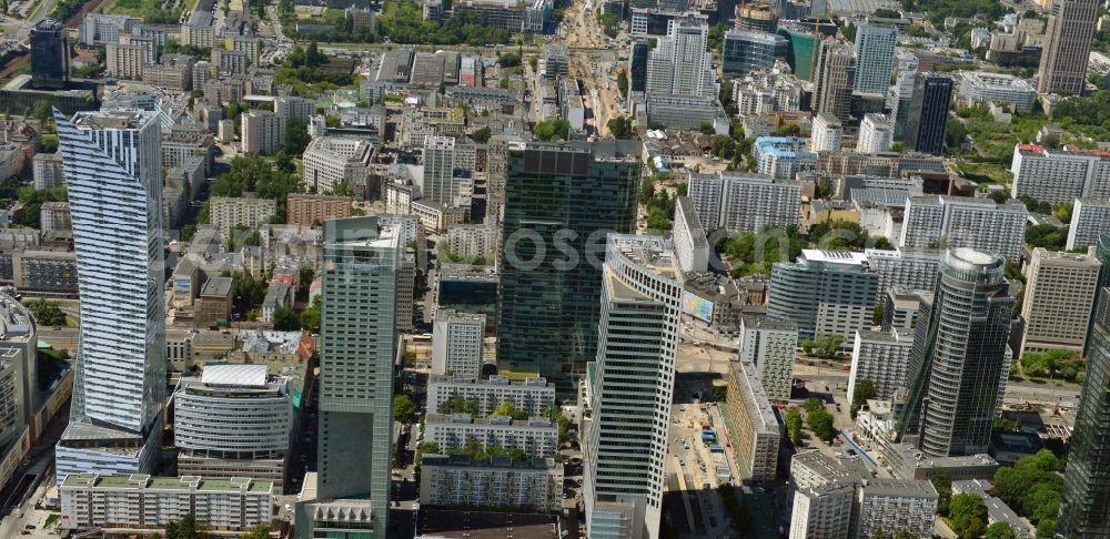Warschau from above - High-rise building Zlota 44 in the city center of the skyline of Warsaw in Poland. The skyscraper was designed by Daniel Libeskind by ORCO PROPERTY GROUP, and serves as a residential and commercial construction with apartments in the center of the capital