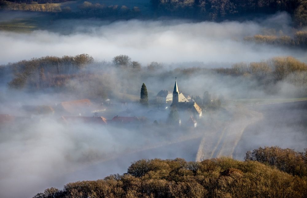 Aerial image Arnsberg - Layer of fog and cloud over the building complex of the Oelinghausen monastery in the district of Holzen in Arnsberg in the state of North Rhine-Westphalia