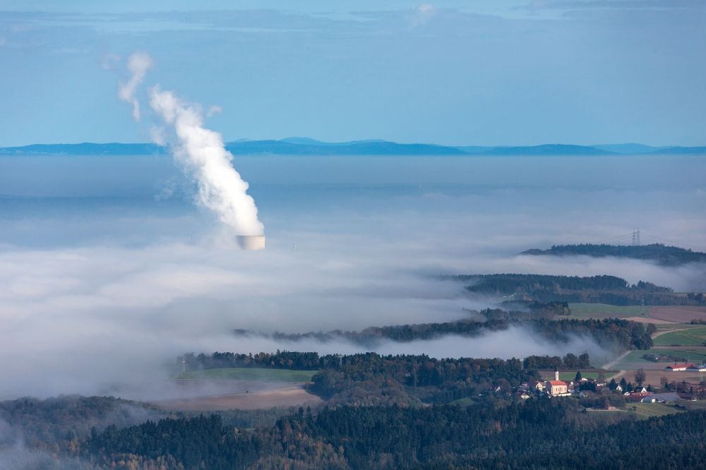 Landshut Frauenberg from above - High fog weather with power plant flue gas cloud in the district Fraunberg in Landshut in Bavaria
