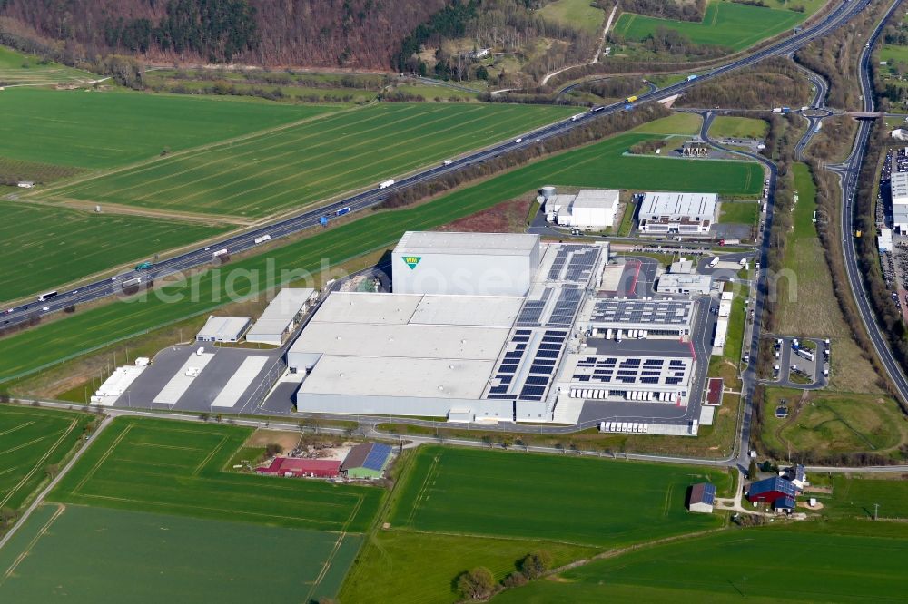 Hann. Münden from above - High-bay warehouse building complex and logistics center on the premises of WM Fahrzeugteile in Hann. Muenden in the state Lower Saxony, Germany