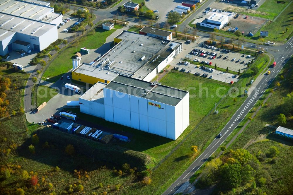 Aerial image Burg - High-bay warehouse building complex and logistics center on the premises of Hasa GmbH on Lindenallee in Burg in the state Saxony-Anhalt, Germany