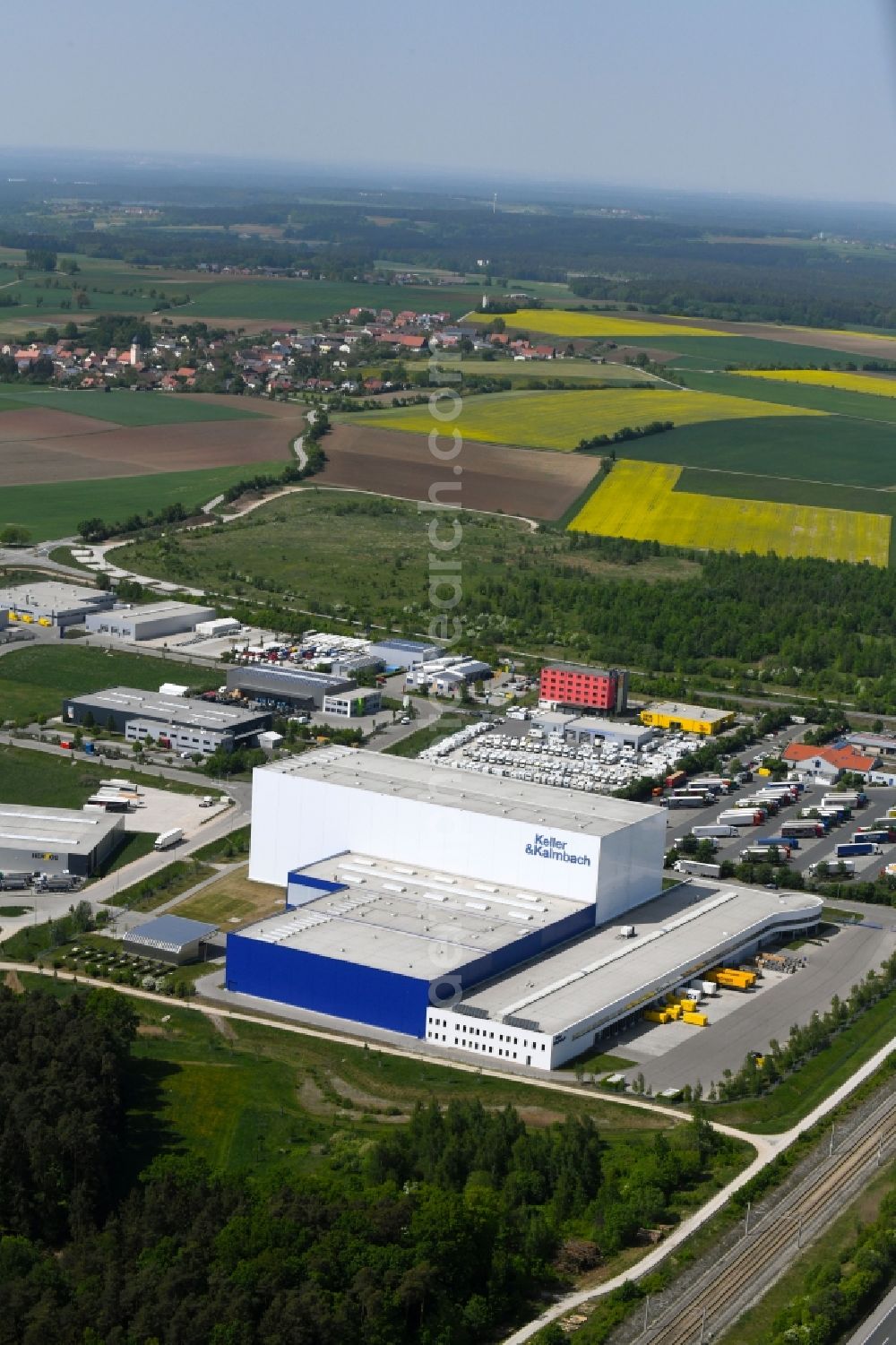 Hilpoltstein from above - High-bay warehouse building complex and logistics center on the premises Keller & Kalmbach GmbH - central warehouse An of Autobahn in Hilpoltstein in the state Bavaria, Germany