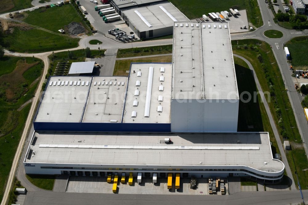 Hilpoltstein from the bird's eye view: High-bay warehouse building complex and logistics center on the premises Keller & Kalmbach GmbH - central warehouse An of Autobahn in Hilpoltstein in the state Bavaria, Germany