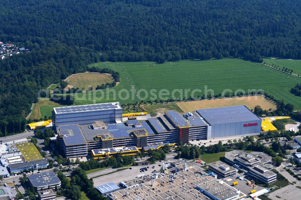Pforzheim from above - High-bay warehouse building complex and logistics center on the premises KLINGEL in Pforzheim in the state Baden-Wurttemberg, Germany