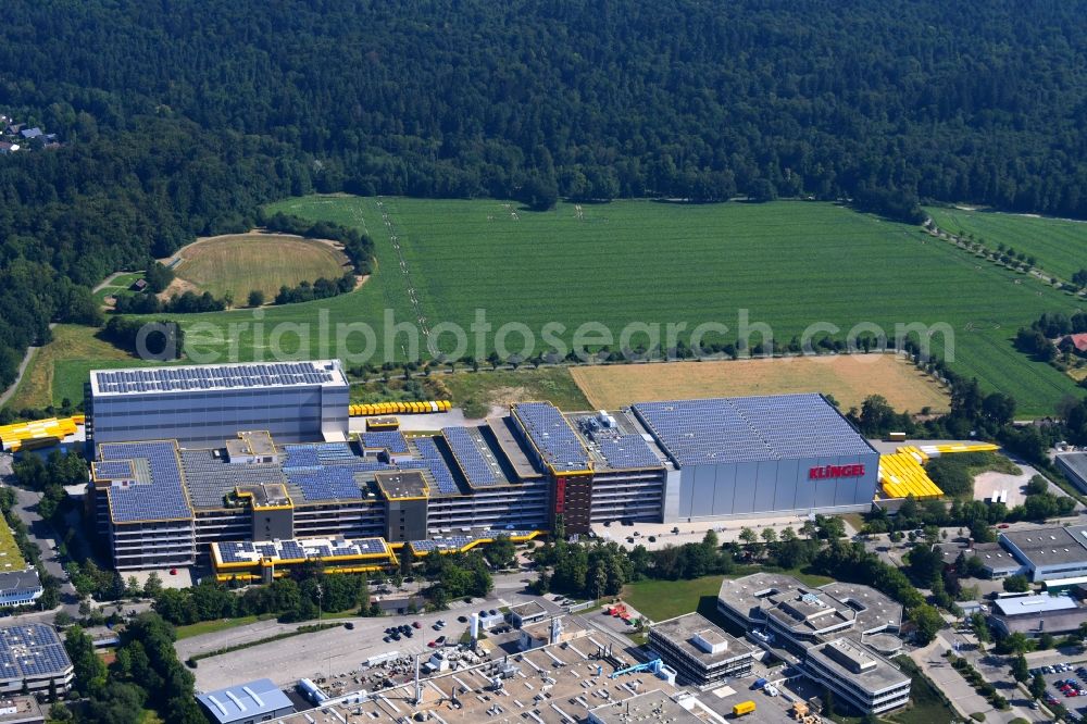 Pforzheim from the bird's eye view: High-bay warehouse building complex and logistics center on the premises KLINGEL in Pforzheim in the state Baden-Wurttemberg, Germany